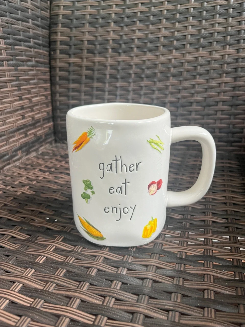 Rae Dunn White Ceramic 'Gather Eat Enjoy' Mug with Colorful Veggie Accents